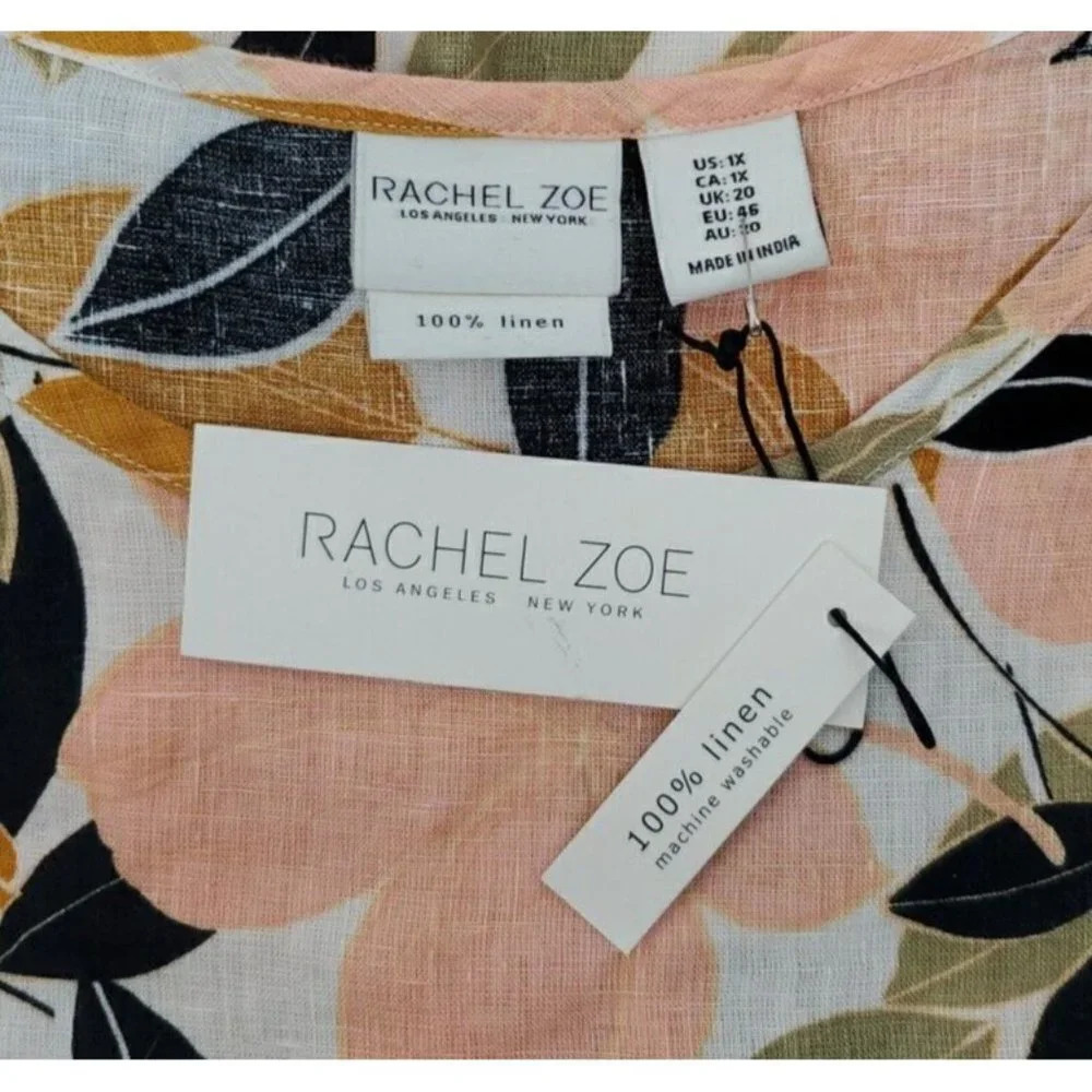 Rachel Zoe Size 1X 100% Linen Tropical Floral Print Short Sleeve Woven Top NWT - Picture 7 of 9